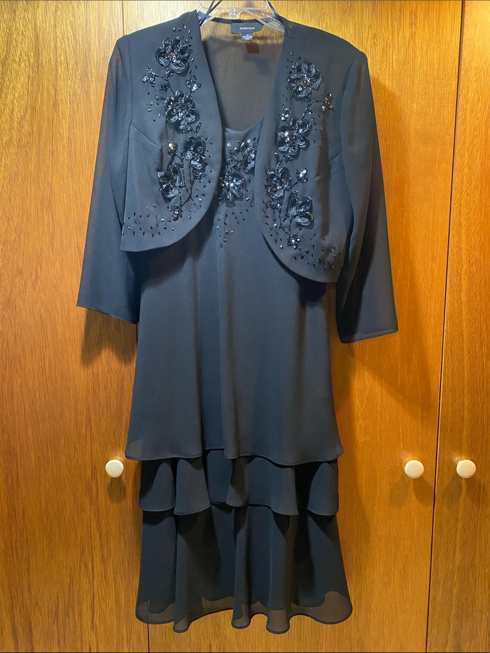 R & M Richards Black Beaded Floral Jacket Dress Set